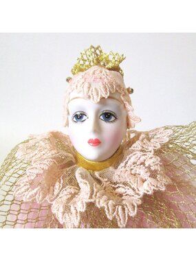 Harlequin Porcelain Doll Possibly Kingstate Pink & Gold 13" Tall -Small Flaws-